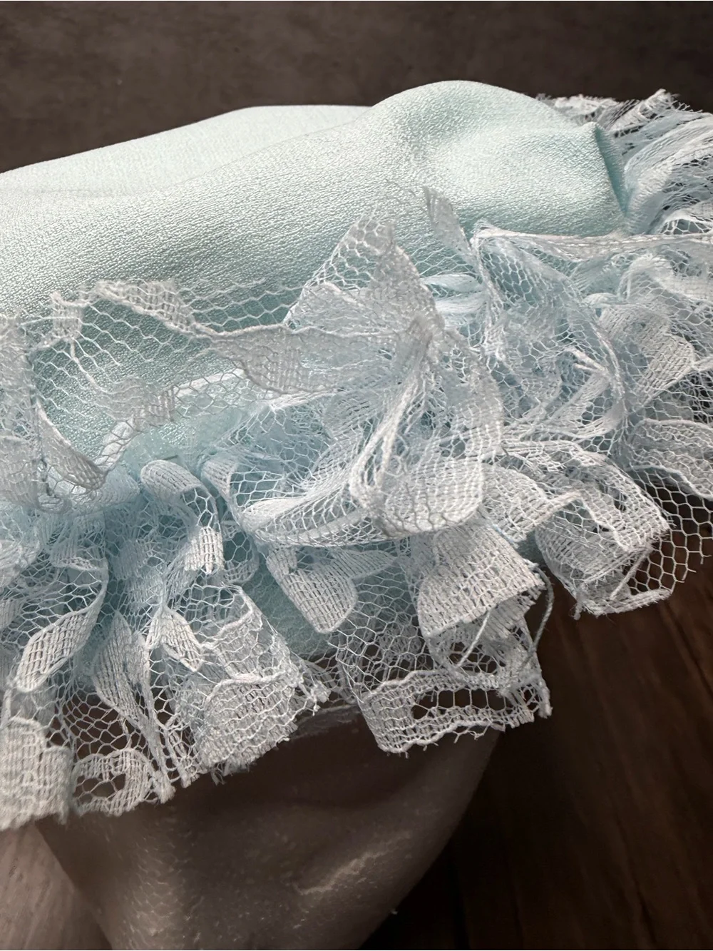 Vintage 1950s Light Blue Baby pillbox Bonnet with White Lace Ruffle Trim